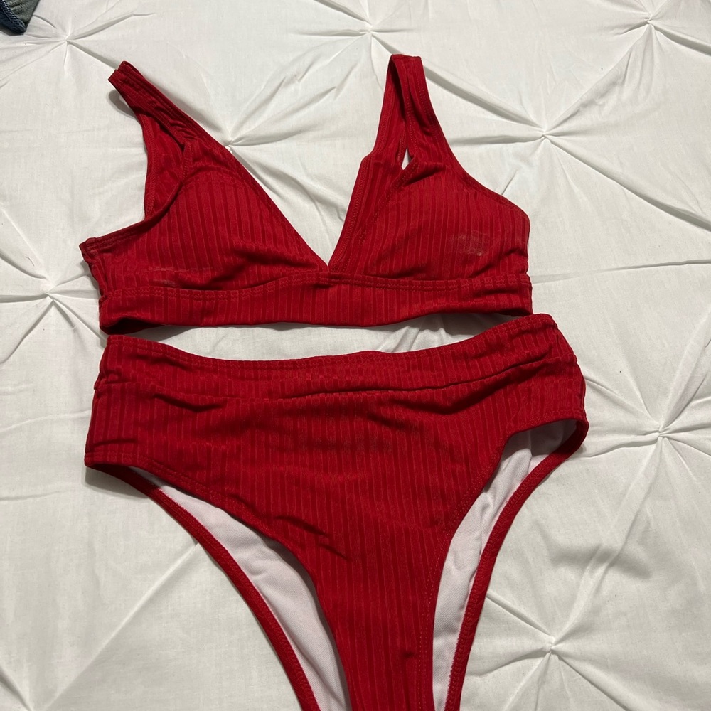 2pc high waist ribbed bathing suit